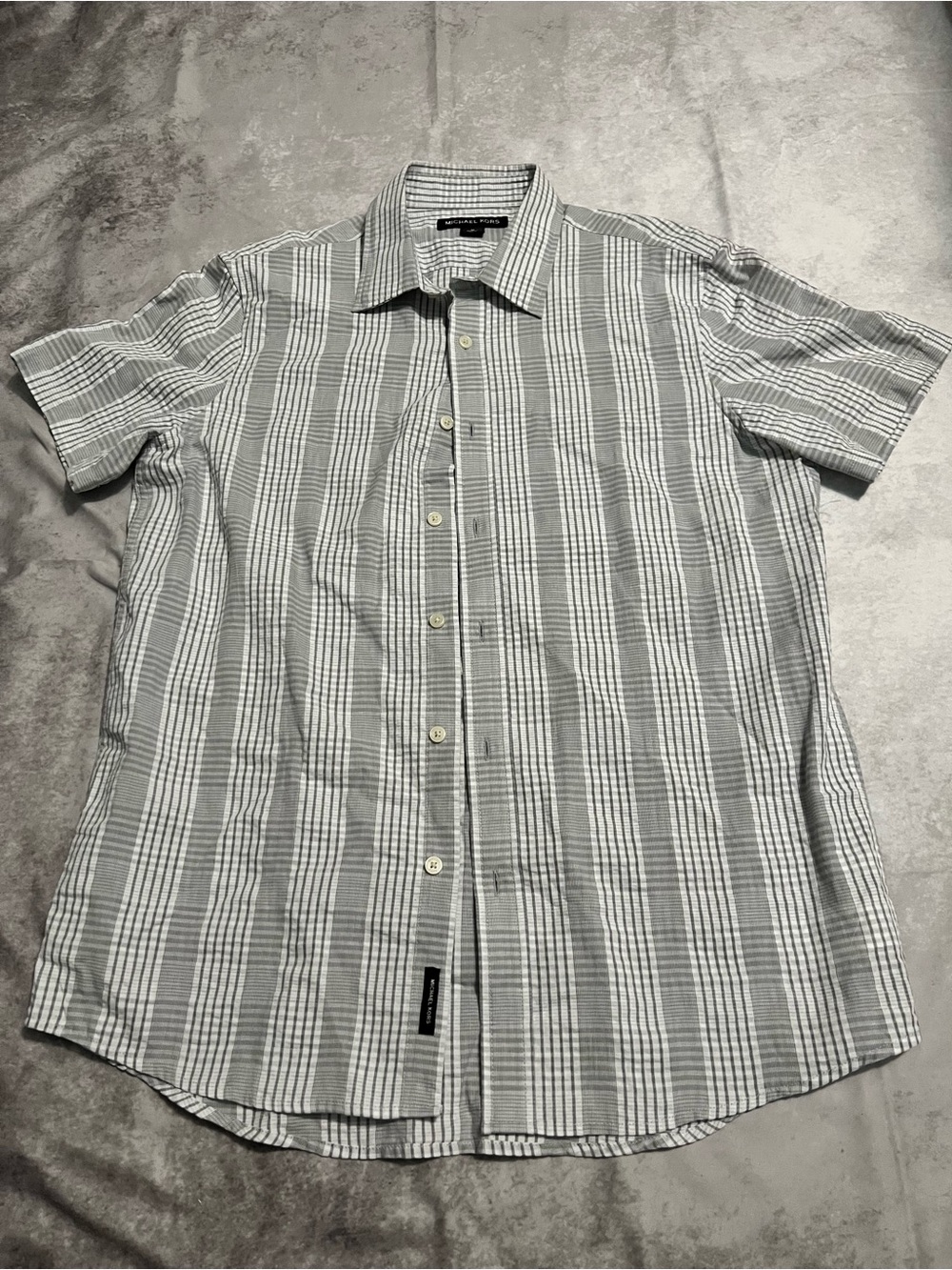 Michael Kors Gray and White Striped Short-Sleeve Button-Down Shirt linen/cotton